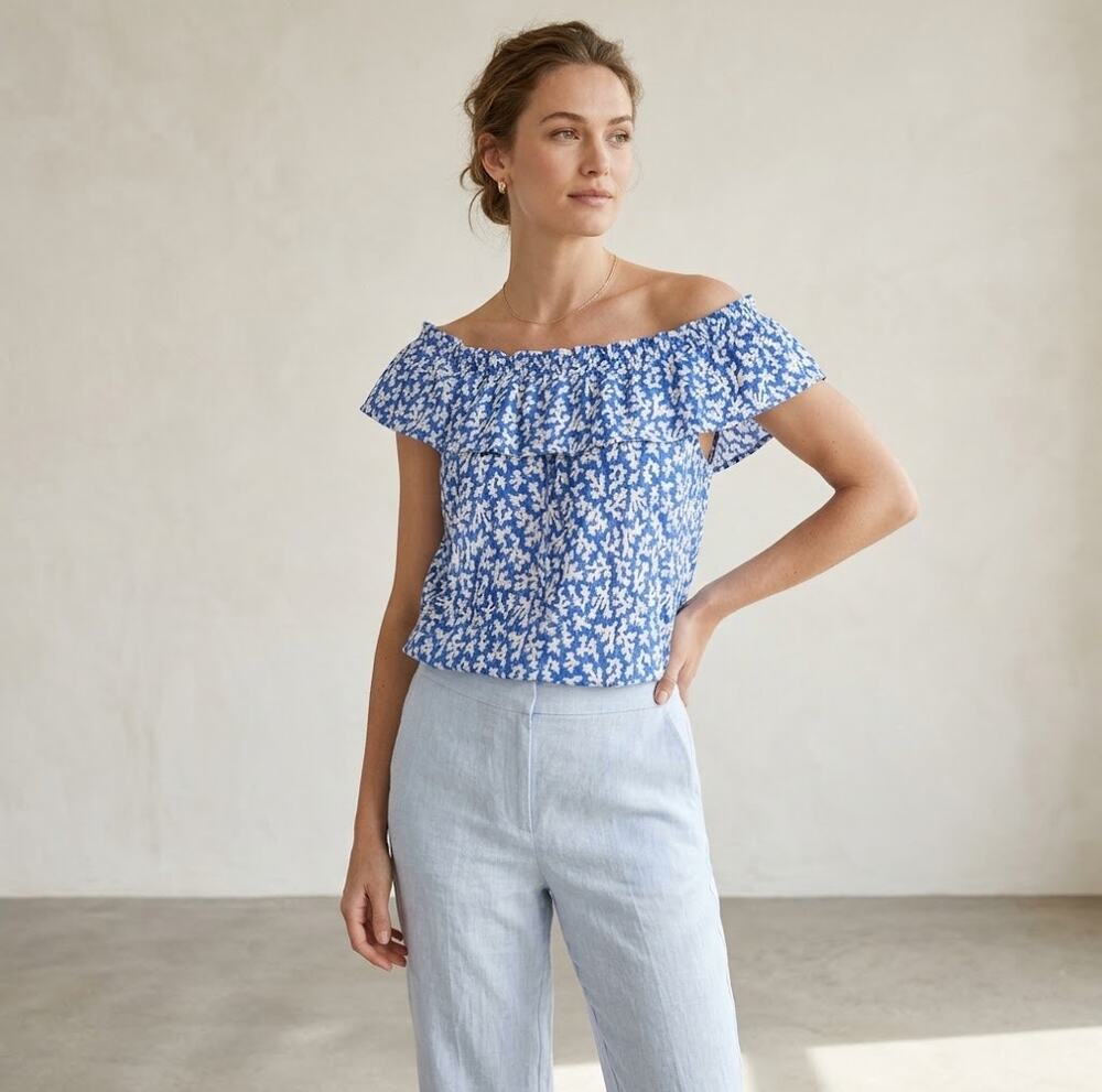 J.Jill Women’s M Blue White Print Ruffle On Off Shoulder Cotton Modal Top EUC